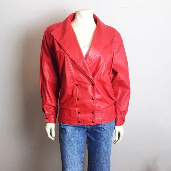 Vintage Jackets & Blazers - Vintage red leather jacket dolman sleeve 80s glam